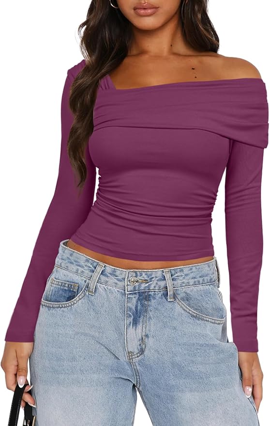 Darong Women's Off Shoulder Tops Y2K Shirt Slim Fit Ruched Crop Top Long Sleeves Spring Fall Blouse Going Out Shirt