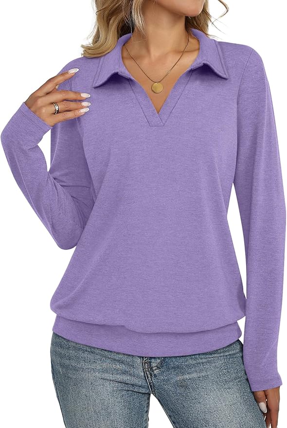 Womens Polo Shirts Long Sleeve Banded Bottom Tops Business Casual Tops Collared V Neck Blouses