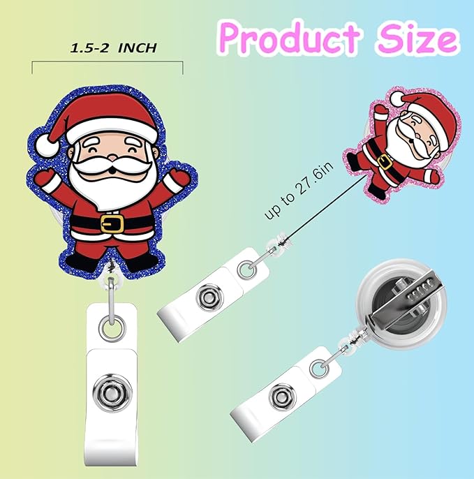 Christmas Santa Claus papa Noel de Navidad Badge Reels Retractable Funny Cute Badge Holder with Badge Reel Unique ID Clip Name Tag Card Badge Clip Gifts Nurse Student Worker Teacher