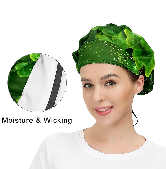 Women's Working Cap Green Clovers Golden Adjustable Working Hats with Sweatband and Elastic Toggle Head Cover
