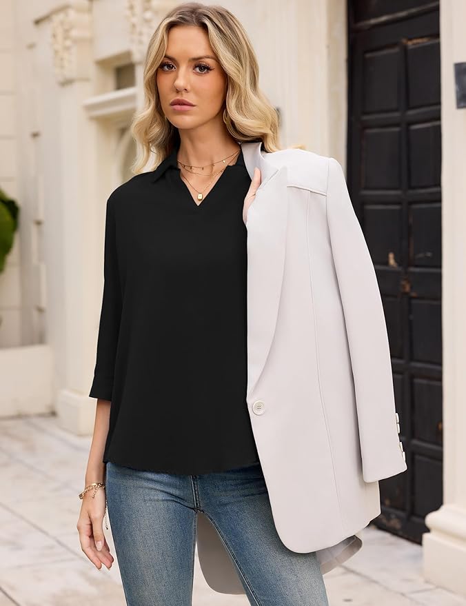 LOMON Womens 3/4 Sleeve Tops V Neck Cotton Linen Work Blouse Polo Shirts for Women Business Casual 2026