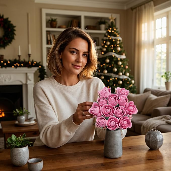 XGSHJ Valentine's Day Gift Pink Rose Bouquet Building Set for Adults Women - 12 Pack Botanical Collection Gift for Christmas Artificial Flowers Botanical Collection Centerpiece Retro Decor