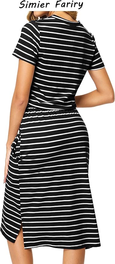 Simier Fariry Womens Spring Hide Belly Knee Length Travel Dress Pocket Summer Short Sleeve Midi Work Casual Outfits
