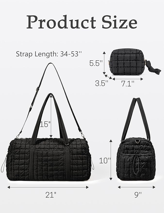Quilted Travel Duffle Bag for Women with Toiletry Bag Weekender Bag Large Puffer Overnight Bags Soft Medium Puffy Duffel Bag Lightweight Carry on Gym Bagfor Trips Business Airplane