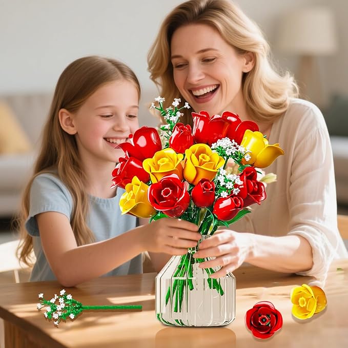 HOGOKIDS Flowers Bouquet Building Set with Lights - 16 Roses Bouquet Botanical Building Blocks Artificial Red Roses Flower for Home Decor Birthday Valentines Gifts for Adults Girl - 387PCS (Yellow)