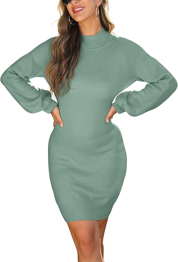 GRECERELLE 2026 Women's Mock Neck Ribbed Long Sleeve Bodycon Pullover Cute Mini Sweater Dress (XS-2XL)