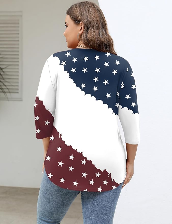 TFSDOD Womens Plus Size Tops V Neck T Shirts 3/4 Sleeve Blouse Summer Casual Tees XL-5X