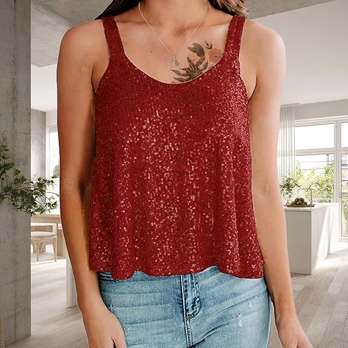 Sequin Top for Women Summer Scoop Neck Trendy Y2k Shining Shirts Casual Sleeveless Camisole Party Base Tank Tops