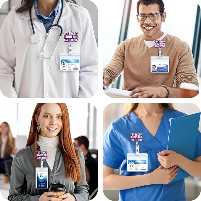 Funny Nurse Badge Reel, Retractable Pediatric Badge Reel, I'm Nicer Than My Face Looks RN Badge Holder, Nursing Student ID Badge Clip, CNA MA Medical Worker Nurse Office Accessories for Work
