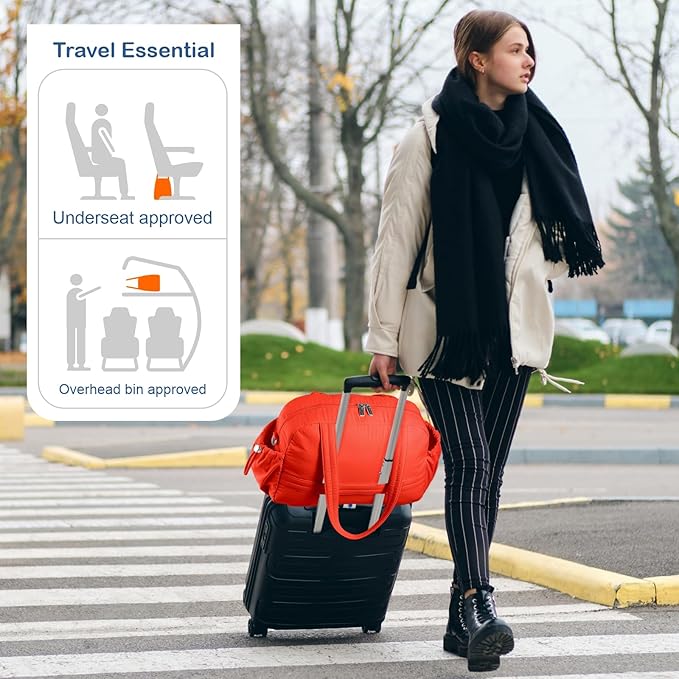 TOPDesign Travel Duffel Bag for Women, Puffer Gym Bag Sports Tote with Wet Pocket, Carry On Weekender with Luggage Sleeve (Red Orange)
