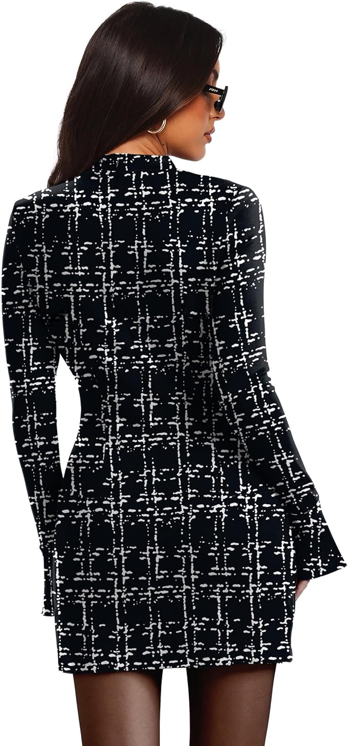 OFEEFAN Women's Fall Long Sleeve Mock Neck Dress Basic Party Club Bodycon Mini Dresses