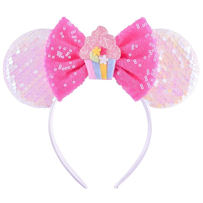Seamoy Birthday Pink Minnie Ears Headband, Sparkle Birthday Mouse Ears, Princess Headwears for Women Girls (1 Count, Pink)
