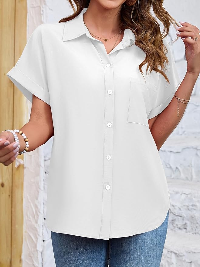Womens Button Down Shirt Casual Short Sleeve Collared Work Blouse with Pocket