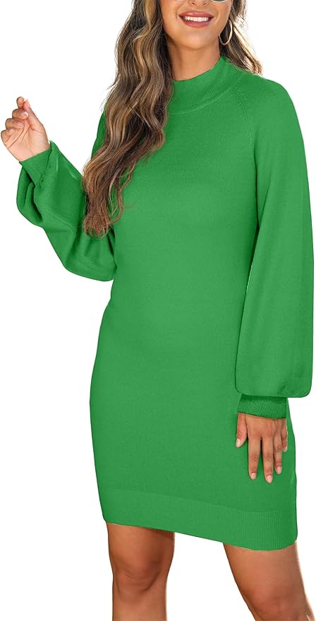 GRECERELLE 2026 Women's Mock Neck Ribbed Long Sleeve Bodycon Pullover Cute Mini Sweater Dress (XS-2XL)