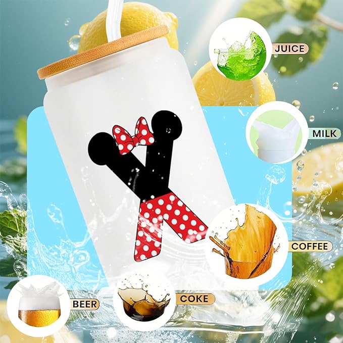 Cute Cartoon Mouse Lover Gifts Initial A-Z Personalized Iced Coffee Cup Magic Mouse Stuff Wizard Gift 16oz Glass Cup with Lid and Straws Birthday Christmas Gifts for Women Teen Girls (Letter X)