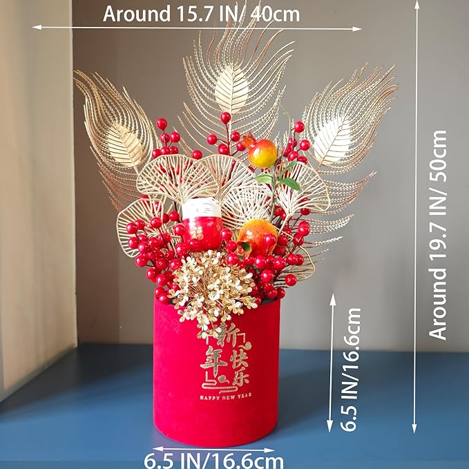 LOONELO Chinese New Year Artificial Flower Fu Bucket, 2025 Spring Festival Table Centerpiece Ornament Pot Desktop Decorations for Asian Vietnamese Korea Zodiac Snake Lunar New Year Home Office Store