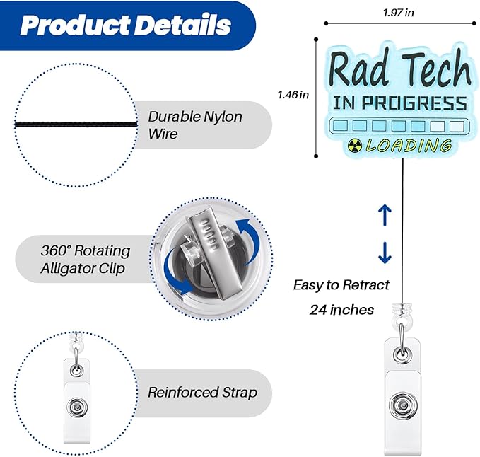 Rad Tech in Progress Funny Medical Badge Reel | Retractable ID Card Badge Holder | Name Tag Work Badge Clip for X-ray Radiology Tech RN LPN CNA MA ER Night Shift Nurse Doctor Gifts | Alligator Clip