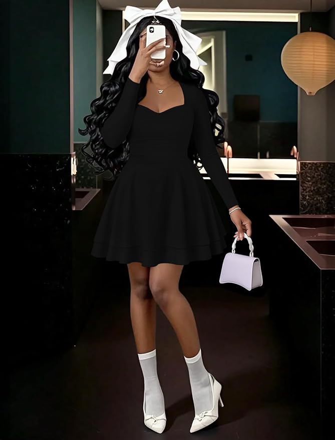 IWD Women's Square Neck Long Sleeve Mini Dress Ruched Corset Waist Tiered Ruffle Hem A Line Short Party Dresses