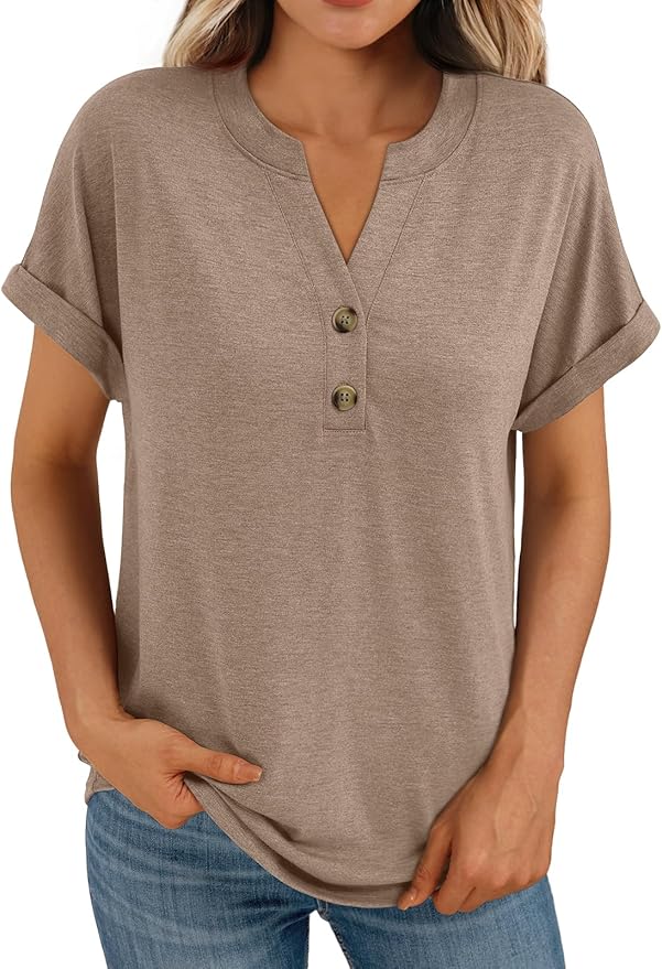 AUTOMET Women's Short Sleeve Shirts Henley Dressy Casual Summer Tops 2026 Spring Fashion Trendy Cute T-Shirts