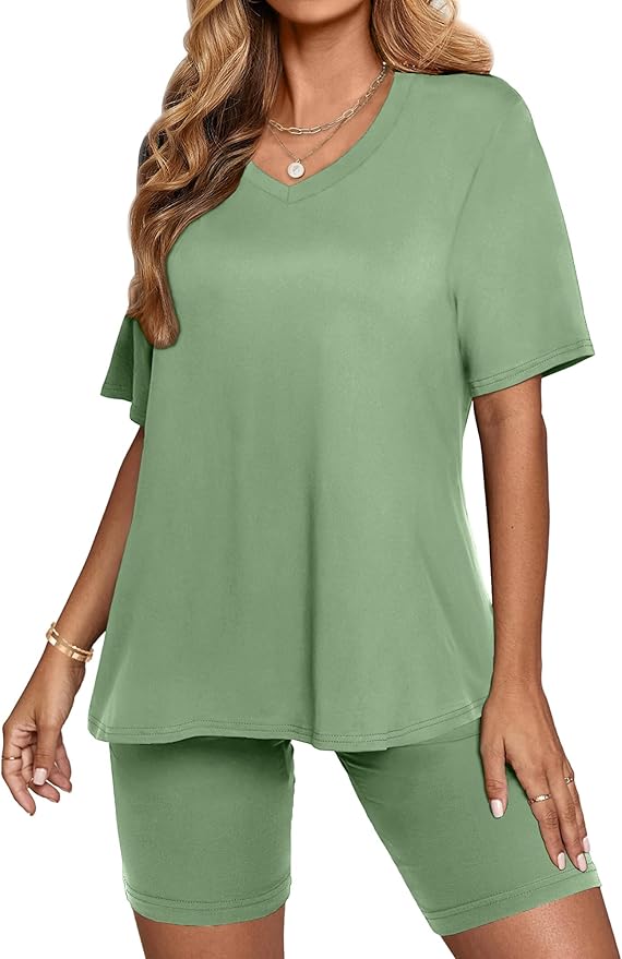 AGSEEM Two Piece Outfits For Women Summer V Neck T-Shirt Tops Biker Shorts Workout Sports Tracksuit