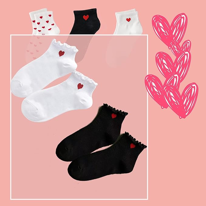 CHUNFO Cute Heart White Red Ankle Women Socks Frilly Fun Bear Pattern Long Crew Novelty Aesthetic Girls Sock 4 & More Pairs