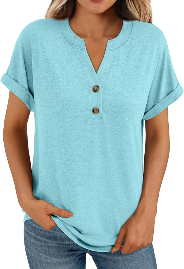 AUTOMET Women's Short Sleeve Shirts Henley Dressy Casual Summer Tops 2026 Spring Fashion Trendy Cute T-Shirts