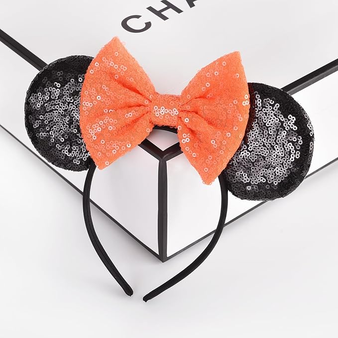 Seamoy Sequin Mouse Ears Headband, Halloween Mice Ears Hairband, Mouse and Mice Costume Hair Accessory for Women Girls (Orange Bow and Black)