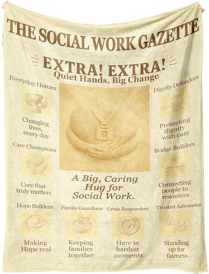 Social Worker Gifts Blanket 60x50in Flannel Throw, Vintage Newspaper-Style Office Decor, Appreciation & Graduation Present for Women & Men, Social Work Month, Soft Lap Cover for School Counselor