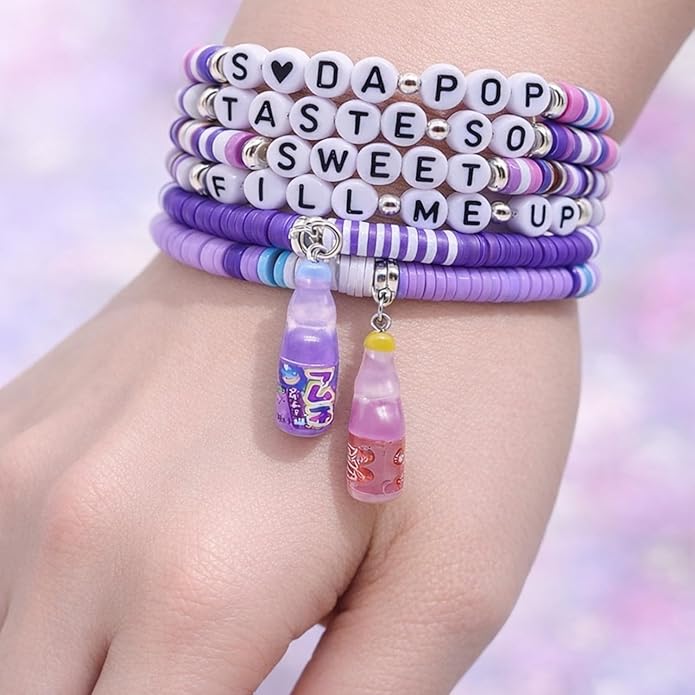 Mascotwish K-Pop Style Fashion Bracelets Set (6 PCS) – Colorful Beaded Elastic Bracelets with Charms, Matching Jewelry for Teens & Adults, Party & Concert Accessories