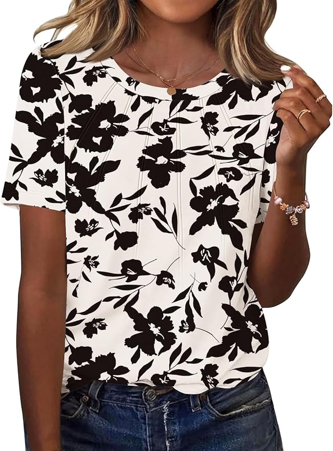 Kistore Womens Casual Crew Neck Short Sleeve Pleated Tops Blouses Fashion Clothes 2026