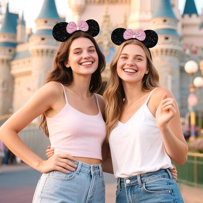 MADO 2 pack mouse ears headbands for adults women little girls boys (sparkle pink, onesize)