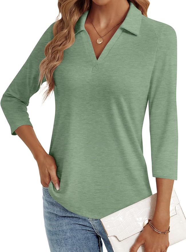 3/4 Length Sleeve Womens Tops Dressy Casual V Neck Polo Shirts Business Work Blouses 2025 Trendy Tunic Top