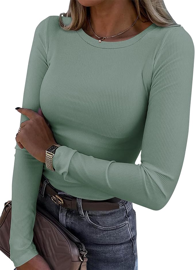 Roselux Womens Long Sleeve Stretch Crewneck Ribbed T-Shirt Fitted Casual Basic Tops