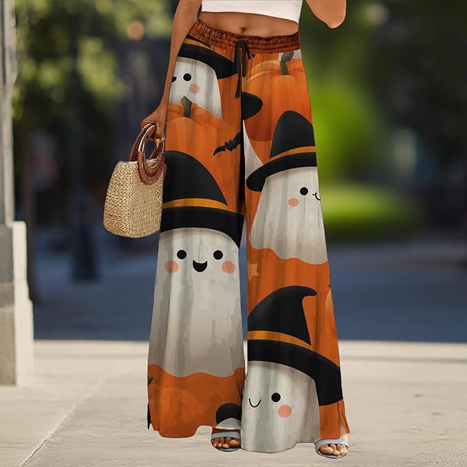 domirica Halloween Pants Women Drawstring Elastic Waist Wide Leg Pants Ladies Pumpkin Ghost Pajama Vintage Street Wear