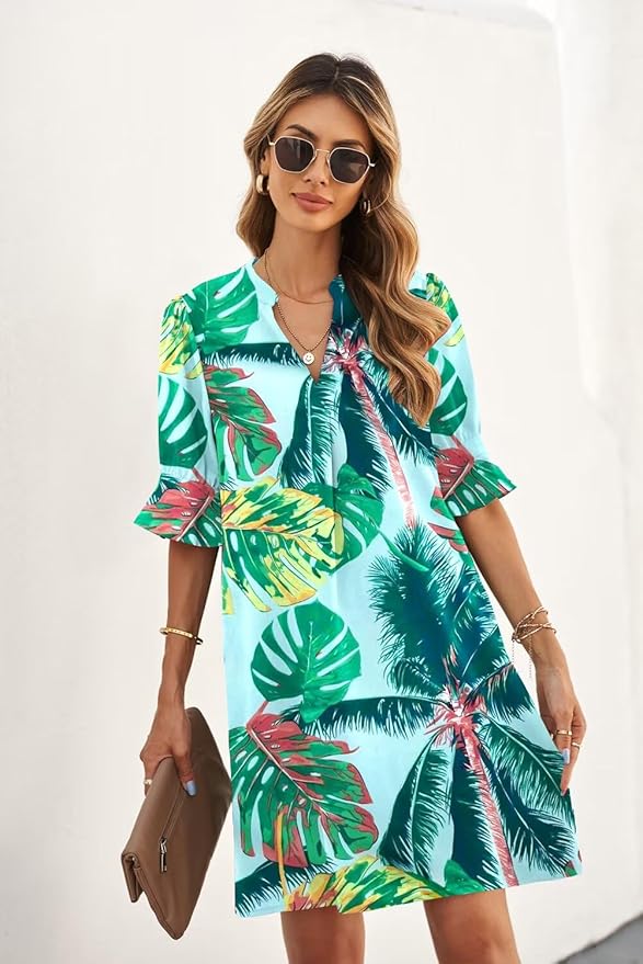 QACOHU Summer Dresses for Women V Neck Ruffle Short Sleeve Casual Shift Dress