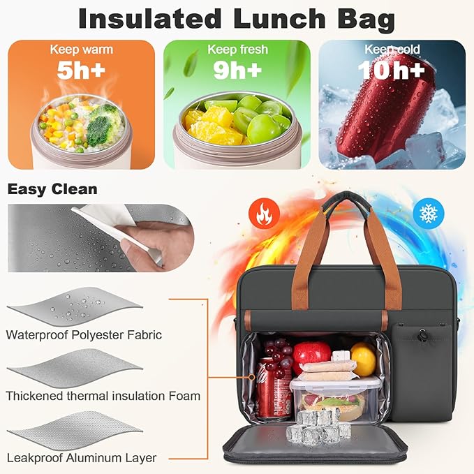 Insulated Lunch Bag & Laptop bag 2-in-1, 15.6 Inch Professional Tote for Men Women, 18L Lightweight Water-Resistant Work Bag with Bottle Pocket for Business, Office, Engineers, Teachers - Black Brown