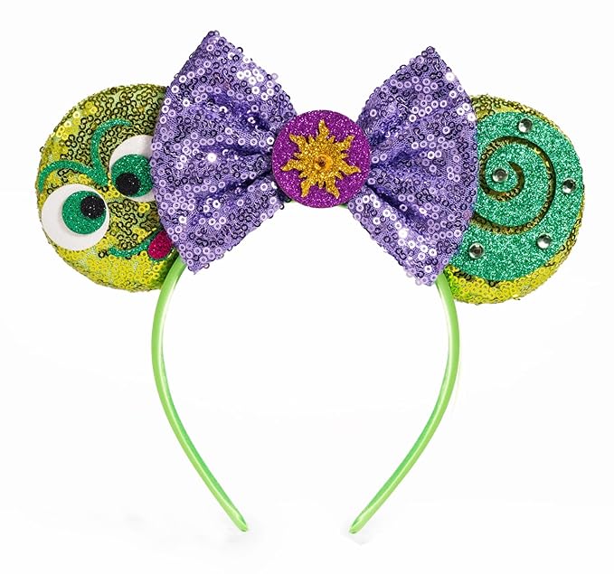 WW-WONDERFULWORLD Mouse Ears Headbands With Shiny Purple Bows & Diamond, for Girls Costume Cosplay Glitter Party, for Kids & Adult, Green; 2BQ