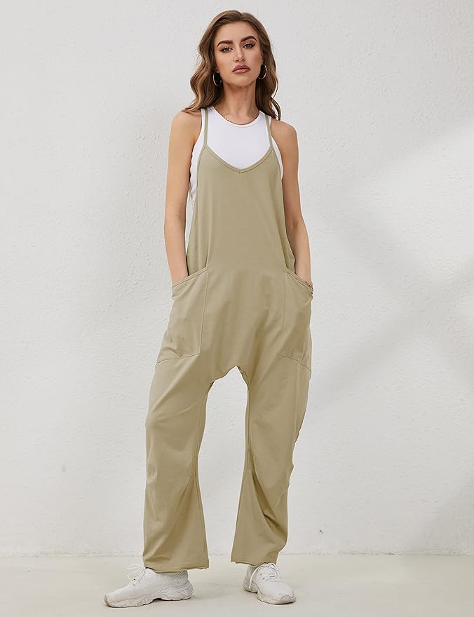 Lentta Women's Causal Jumpsuits V Neck Sleeveless Harem Overalls Stretchy Adjustable Strap Romper with Pockets