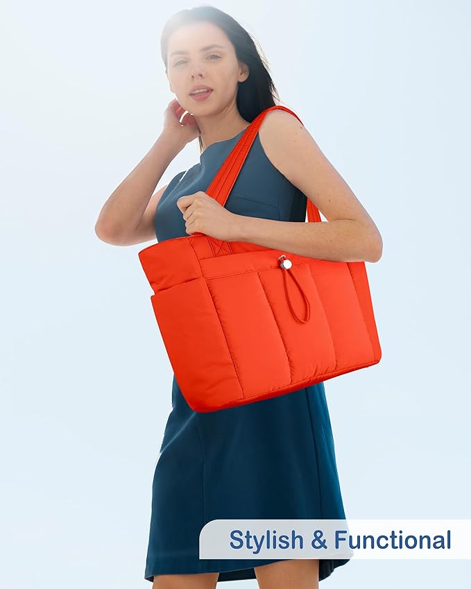 TOPDesign Puffy Tote Bag for Women with Cup Holder & Laptop Compartment & Cosmetic Bag & Trolley Sleeve for Work, Travel