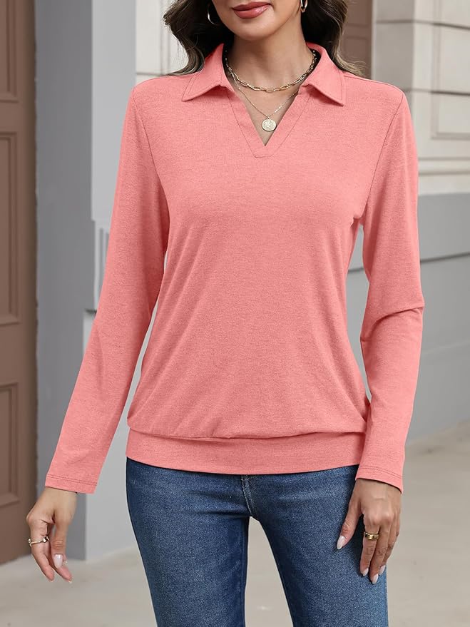Womens Polo Shirts Long Sleeve Banded Bottom Tops Business Casual Tops Collared V Neck Blouses