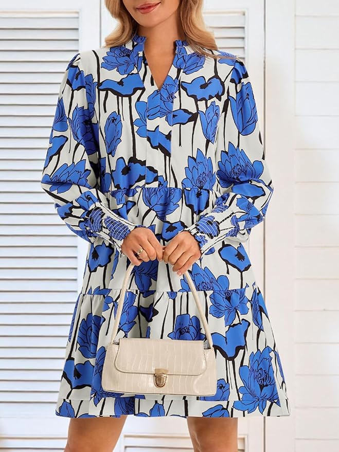 Imily Bela Womens Fall Long Sleeve Tunic Dress Casual V Neck Loose Ruffle Tiered Dress