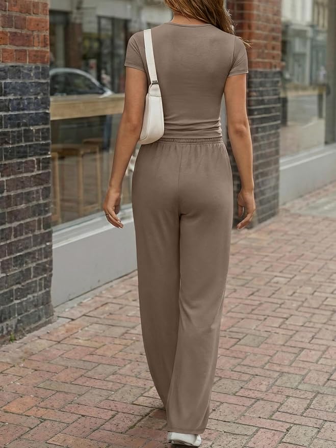 Trendy Queen Women's 2 Piece Matching Lounge Sets Summer Henley Neck Slightly Crop Top Wide Leg Pants Casual Sweat Suit