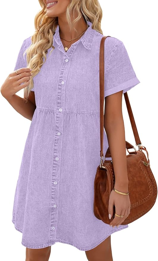LookbookStore Women's Short Sleeve Button Down Flowy Tiered Babydoll Denim Dress