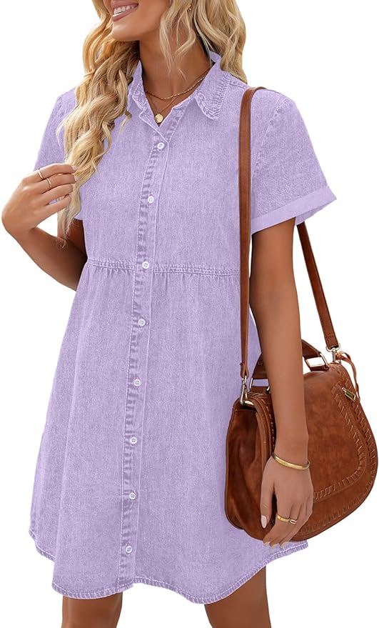 LookbookStore Women's Short Sleeve Button Down Flowy Tiered Babydoll Denim Dress