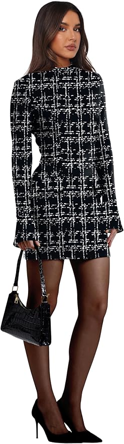 OFEEFAN Women's Fall Long Sleeve Mock Neck Dress Basic Party Club Bodycon Mini Dresses
