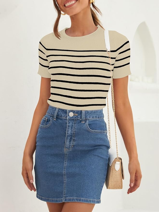 ZESICA Women's Short Sleeve Crewneck Striped T Shirt 2026 Summer Ribbed Knit Slim Fit Casual Basic Tee Tops