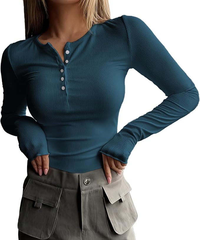 MARSVOVO Fashion Crop Tops for Women Scoop Neck Button Comfy Ribbed Slim Fit Cute Shirts Casual Party Fall Tops