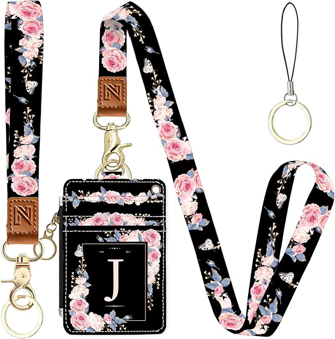 A-Z Letter 2-in-1 ID Badge Holder & Lanyard Wallet for Teachers,Nurse,Professionals-Cute Zippered Coin Pouch,Removable Wristlet & Neck Lanyard,5 Card Slots Stylish Work Essential J