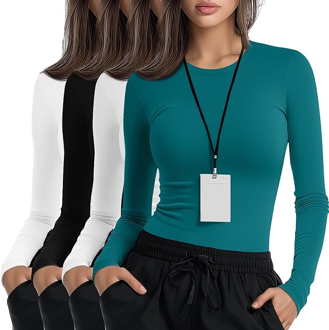 4 Pack Women's Underscrub Shirts Nurse Undershirts Long Sleeve Crewneck Slim Fit Tops Soft Stretchy Basic Tee
