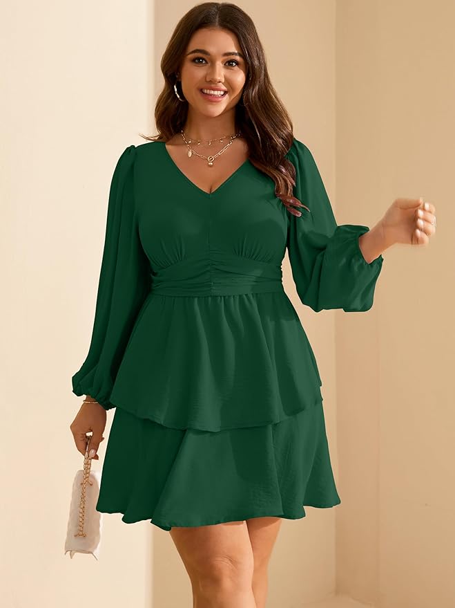 RWJ Plus Size Dresses for Curvy Women V Neck Long Sleeve Elastic Waist Fall Wedding Guest Layer Casual Mini Dress
